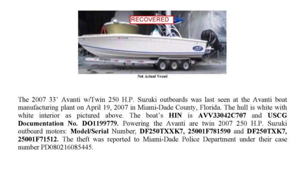 5929-08Stolen Boat Notice Avanti 33'