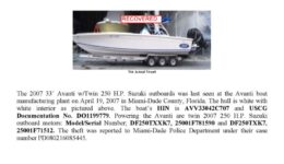 5929-08Stolen Boat Notice Avanti 33'