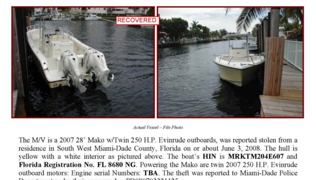 6002-08 Stolen Boat Notice 2007 28 Mako