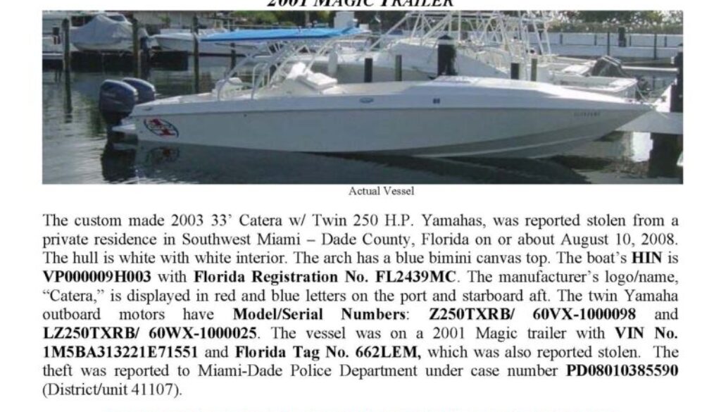 6011-08 Stolen Boat Notice 2003 33' Catera