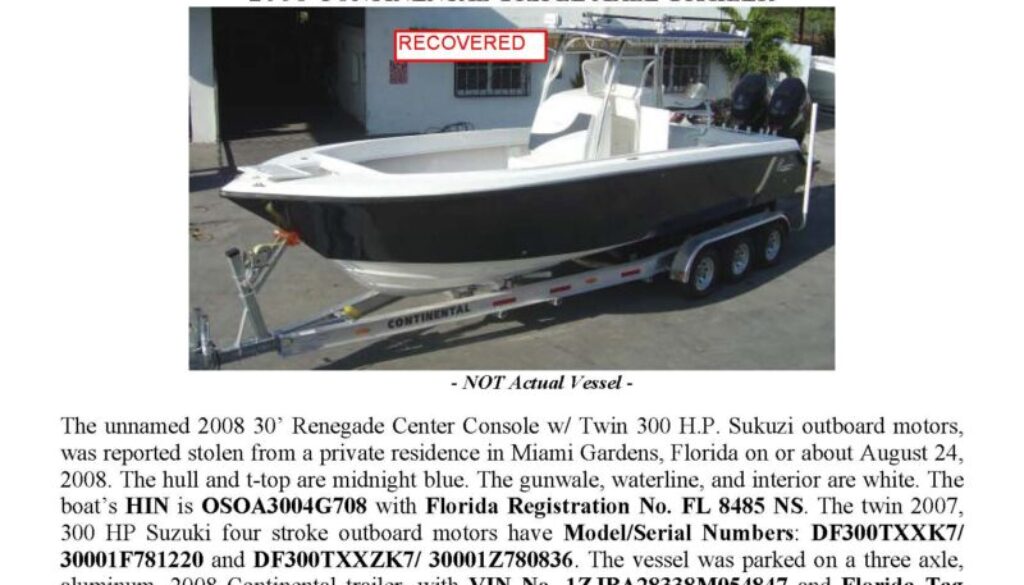 6015-08 Stolen Boat Notice 2008 30' Renegade