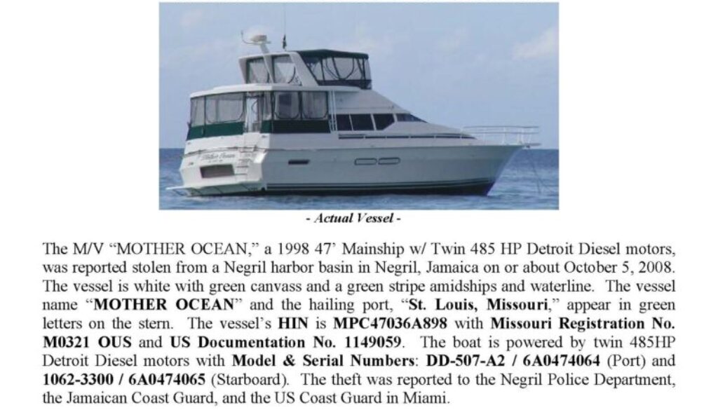 6027-08 Stolen Boat Notice - 47' Mainship