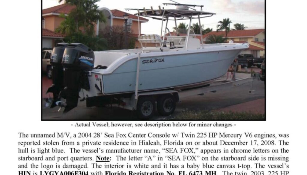 6057-08 Stolen Boat Notice - 28' Sea Fox UPDATED