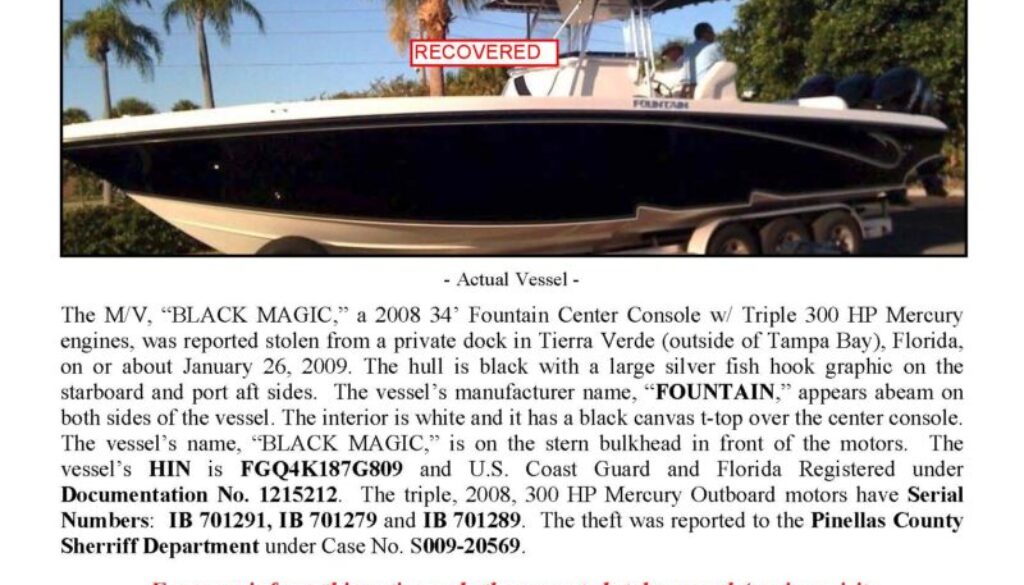 6063-09 Stolen Boat Notice - 34' Fountain CC