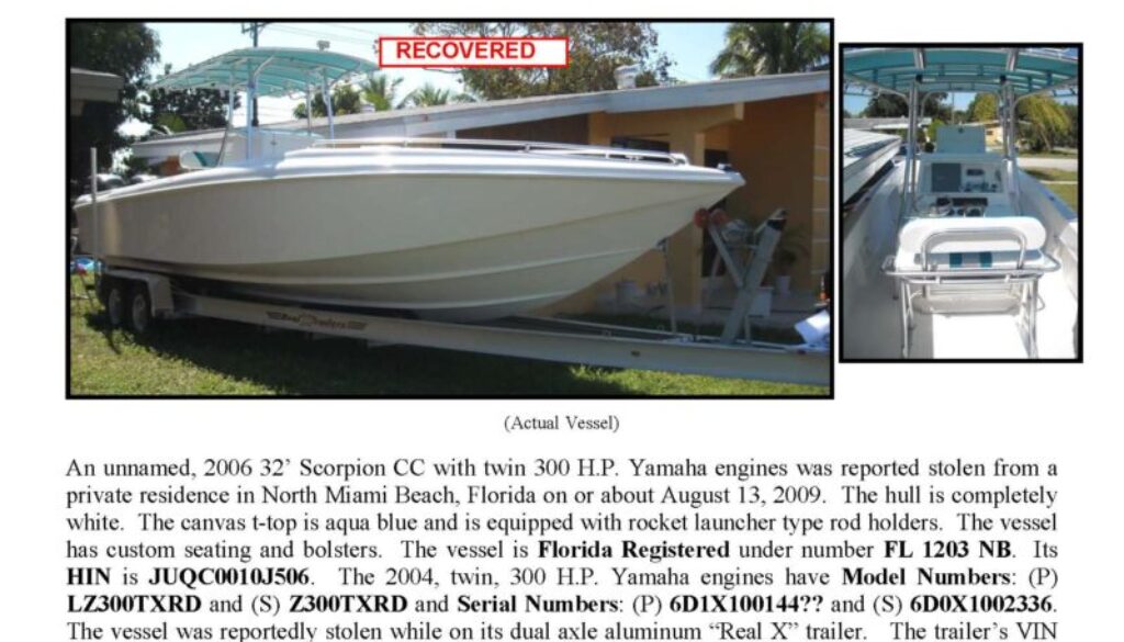 6116-09 Stolen Boat Notice - 32' Scorpion