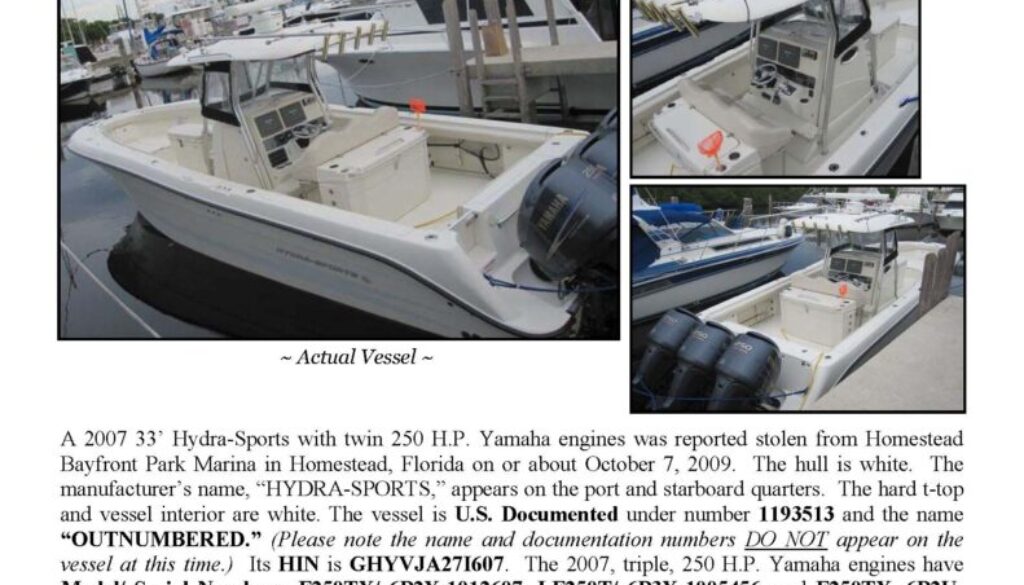 6123-09 Stolen Boat Notice - 33' Hydra-Sports