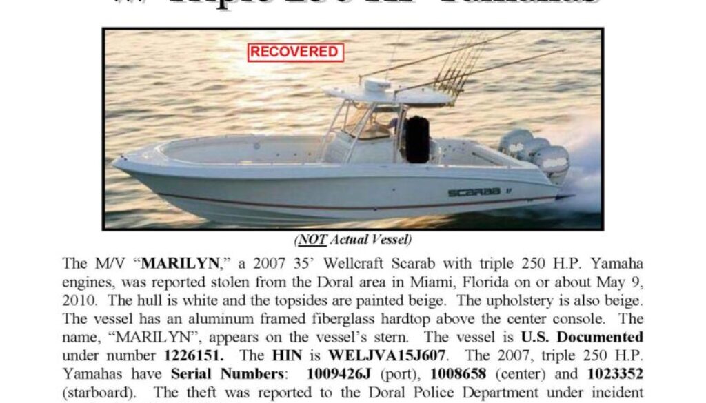 6176-10 Stolen Boat Notice - 35' Wellcraft Scarab