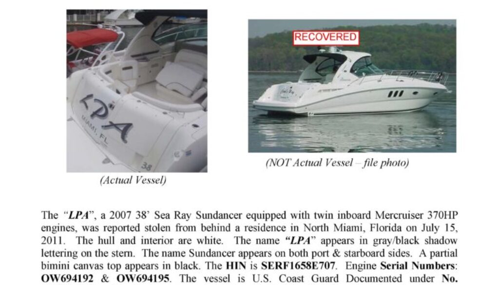 6278-11 Stolen Boat Notice - 38' Sea Ray