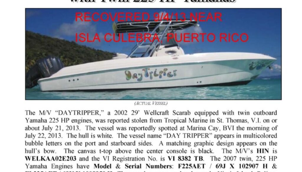 6418-13 Stolen Boat Notice - 29' Wellcraft Scarab