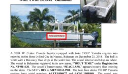 6554-14 Stolen Boat Notice - 38' Jupiter Recovered
