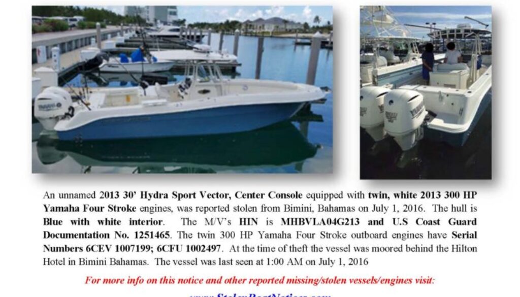 6696-16 Stolen Boat Notice - 30 Hydra Sport