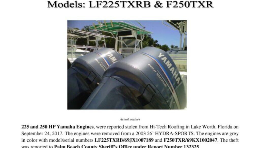 6868-17 Stolen Motor Notice - 2003 226 and 2006 250 HP Yamaha engines