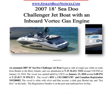 6916-18 Missing Boat Notice - 2007 18 Sea Doo Challenger