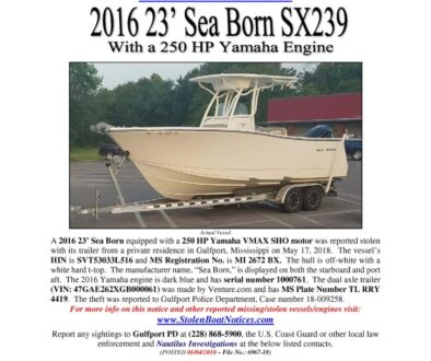6967-18 Stolen Boat Notice - 2016 23 Sea Born