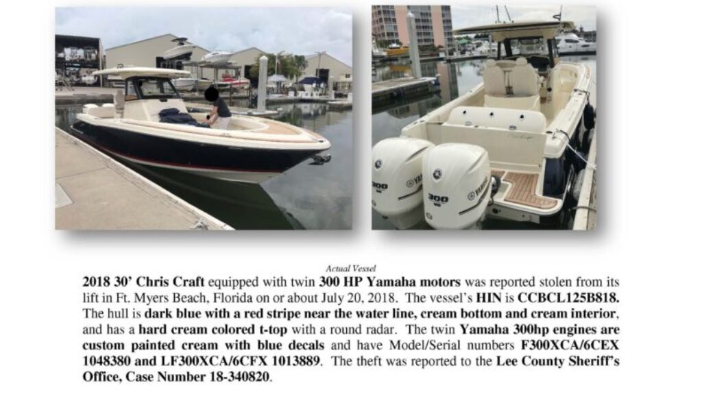 6996-18 Stolen Boat Notice - 2018 30 Chris Craft