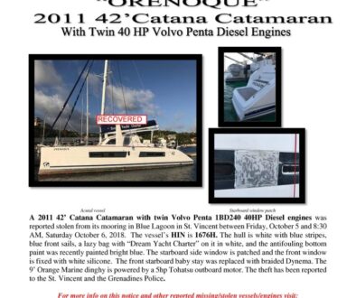 7017-18 Recovered Stolen Boat Notice -2011 42 Catana