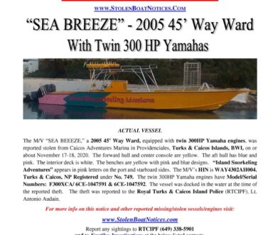 7291-20 Stolen Boat Notice - 45 Way Ward