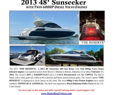 NMA24008390 Stolen Boat Notice - 2013 Sunseeker